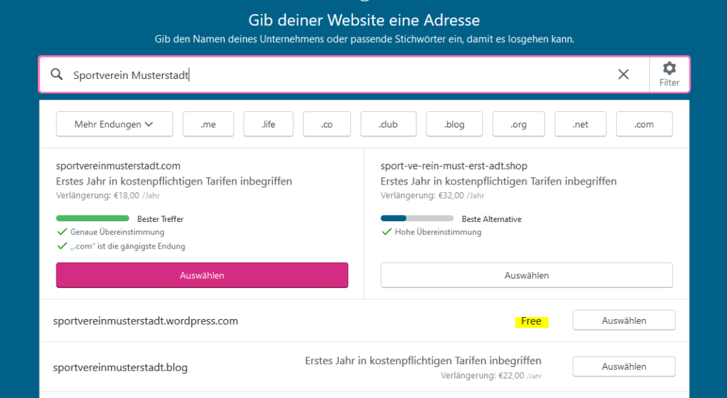 Kostenlose Webseite auswählen