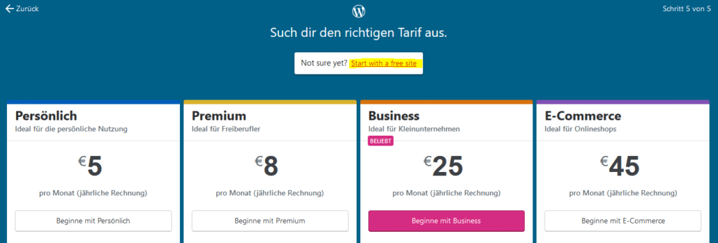 WordPress Tarife und freie Website